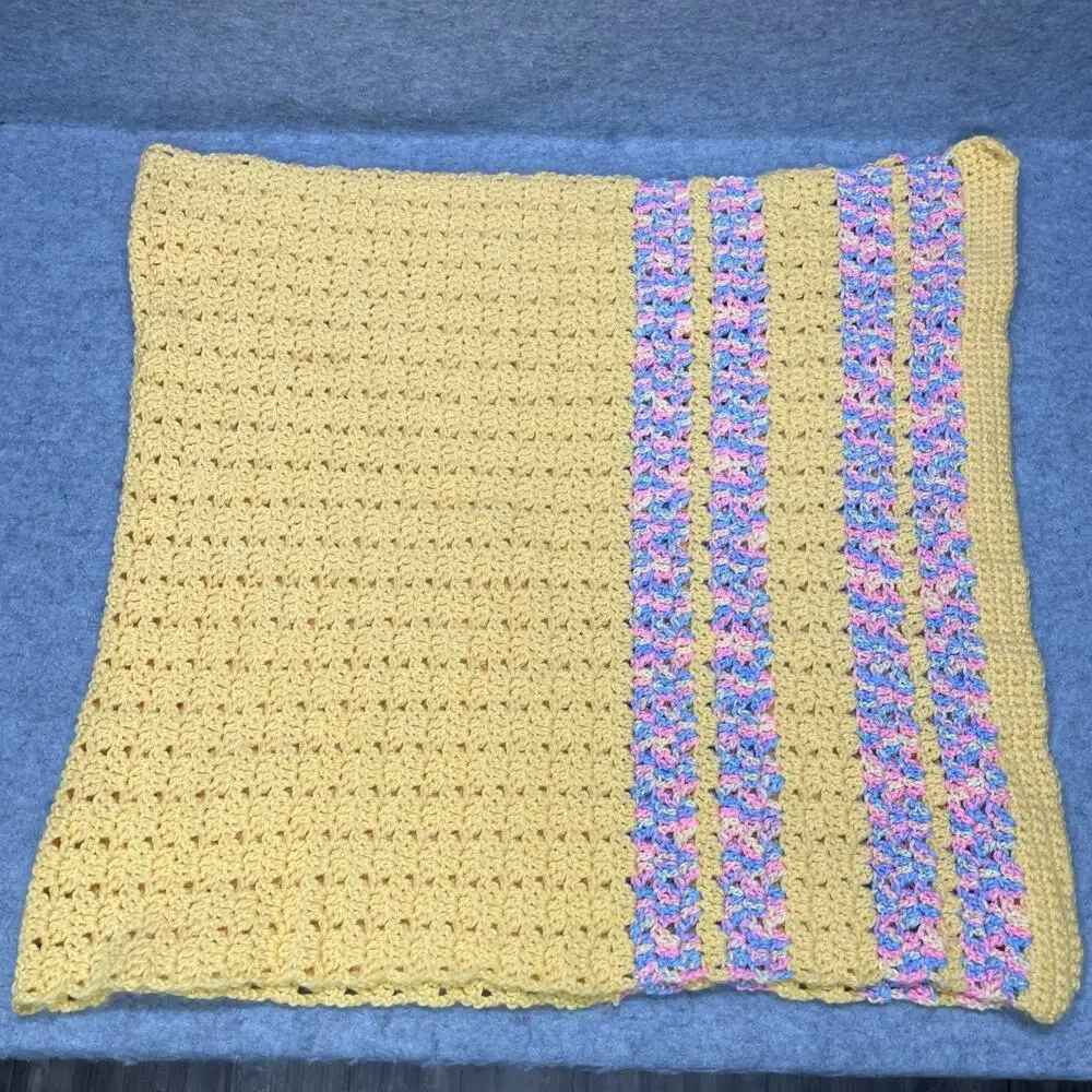 Vtg Handcrafted Crochet Throw Blanket Yellow Multi Stripe 66x30 Baby Lap Granny